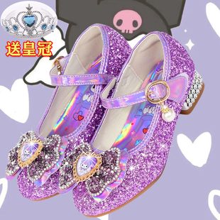 女童高跟鞋春秋库洛米童鞋儿童紫色公主水晶鞋软底单鞋小孩子皮鞋