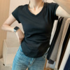 v领短袖t恤女夏季纯色，弧形下摆黑色紧身上衣，2024螺纹冰丝收腰