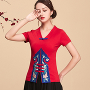 中国风女装复古春夏季短袖刺绣花t恤日常不规则云南民族风女上衣