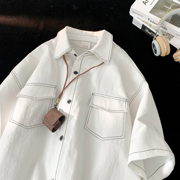 工装短袖衬衫男士夏季白色，宽松休闲半袖，衬衣痞帅百搭日系复古外套