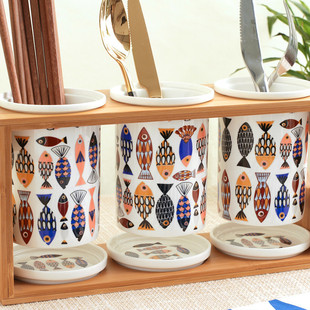 原创多功能日式陶瓷双筒沥水筷子筒，筷子架筷子笼叉收纳盒筷子桶