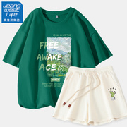 真维斯LIFE墨绿色运动套装女2023油画字母纯棉短袖短裤2件套