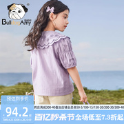 女童法式衬衫2024夏季洋气刺绣镂空翻领儿童紫色衬衣纯棉上衣