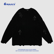 GINAAVV秋季美式破洞设计感圆领毛衣外套男十字架提花情侣针织衫