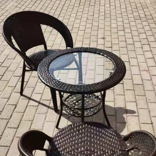 阳台小茶几圆形简易小户型小圆桌钢化玻璃，小圆桌子藤编休闲椅套装