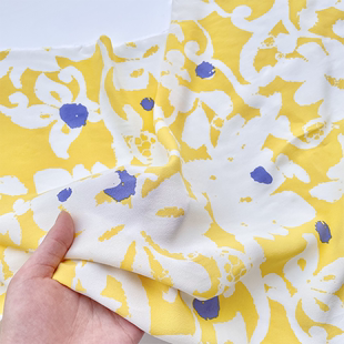 布艺岛田园印染黄色抽象花朵，印花棉麻面料衬衫连衣裙手工diy布料
