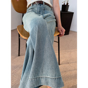 蓝色复古高腰纯棉阔腿牛仔裤女夏季2024冰丝直筒裤设计感裤子