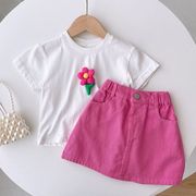夏季女童玫红立体亲子装花朵，白t恤玫红，半身裙套装洋气宝宝短袖两