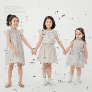 bonbonetbonbon儿童高雅淡银棉麻半裙精致小翻领上衣