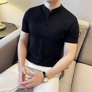 夏季个性潮牌男士短袖POLO衫纯色修身百搭高级感轻熟立领半袖t恤