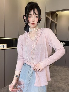 rrfashion衬衫女2024夏季蕾丝连帽长袖，单排扣帽衫薄款上衣