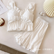 日系甜美纯棉睡衣女夏季带胸垫吊带短裤两件套装白色仙女风家居服