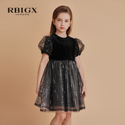 rbigx秋季女童网纱丝绒，拼接公主裙珠片百搭短袖连衣裙