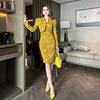 小香风黄色套装裙名媛风，高级感轻奢气质长袖，短外套提花包臀连衣裙