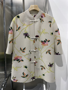 国风元素女款衬衫米白色外套，褶皱工艺新中式，电脑印花大码上衣妈妈