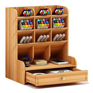 抽屉式笔筒木质收纳盒DIY创意办公文具桌面置物架学生办公收纳