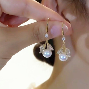 设计感满钻树叶珍珠，耳环纯银针独特耳饰，2024年潮气质少女耳坠