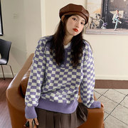 奶芋紫上衣紫色格子毛衣小个子设计感美式polo领套头纽扣针织衫