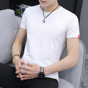 白色短袖t恤男装圆领纯色，打底衫韩版修身纯棉，半袖学生粉色v领小衫