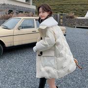 白色羊羔毛领羽绒，棉服女冬季2023年韩版加厚中长款小个子外套