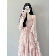 法式仙气长裙超仙森系甜美温，柔风开衫粉色吊带，连衣裙两件套装裙夏