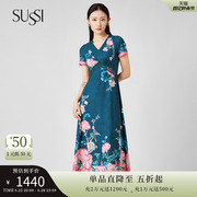SUSSI/古色夏季墨绿色印花V领短袖中长款显瘦X型连衣裙女