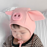 婴儿帽子秋冬加绒婴幼儿小猪，帽子可爱毛线帽男童女宝宝冬季护耳帽