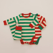 韩国宝宝秋冬衣服婴儿连体衣条纹，包屁衣+高腰裤圣诞红色棉质套装