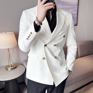 意式戗驳领布雷泽双排扣修身西装男薄款垂感外套商务通勤白色西服