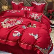 百子图结婚床笠四件套红色，高档婚庆女方，陪嫁新婚喜被六件床上用品