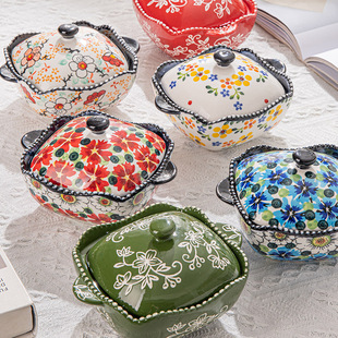 佐巴伦波兰彩陶瓷甜品碗，家用炖盅高颜值双耳，饭碗创意蒸蛋碗带盖
