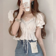 韩国chic夏季法式V领拼接花边系带收腰显瘦泡泡袖短款衬衫上衣女