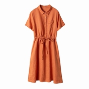 纯棉短袖衬衫裙polo领系腰带，2024夏季复古文艺，大码宽松连衣裙