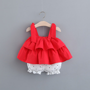 0-1-2-3岁婴儿衣服女宝宝套装无袖夏装百天新生儿韩版红色两件套