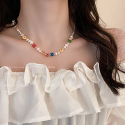 淡水珍珠花朵项链法式小众设计感复古颈链锁骨链百搭气质甜美项饰