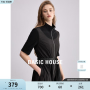 Basic House/百家好针织拼接连衣裙女2024夏季收腰a字小黑裙