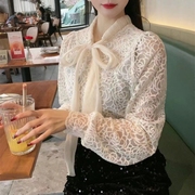 4081蕾丝钩花系带衬衫，春季女装韩版时尚，减龄花边袖小衫衬衣