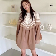 韩国东大门秋装设计感条纹假两件毛衣女中长款宽松减龄针织衫