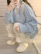 秋冬小个子学院风V领麻花蓝色毛衣女宽松外穿奶fufu高级感针织衫