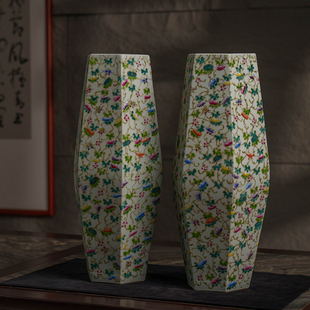清代粉彩瓜瓞绵绵六角瓶，(一对)文玩古董，瓷器收藏办公室花瓶摆件