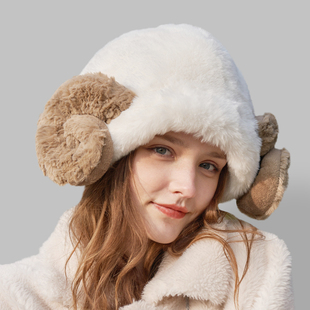 跳房子原创设计手工剪裁冬季男女款，加厚毛绒护耳帽可爱大羊角帽子