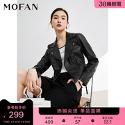 mofan摩凡复古气质pu皮衣，外套女2024春暗夜黑韩版显瘦短外套