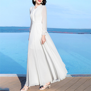 2023春夏高端时尚真丝桑蚕丝连衣裙白色长袖修身显瘦沙滩大摆长裙