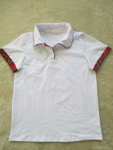 夏季白短袖红格黄条纹白领带细牙子中小学生校服休闲棉质T恤
