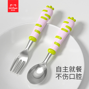 316不锈钢宝宝勺子儿童餐具学吃训练弯勺叉子自主进食婴儿吃饭