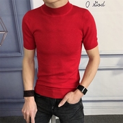 红人同款春秋季修身韩版男士中高领短袖毛衣打底衫半袖线衣t恤潮
