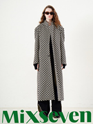 mixseven原创设计解构镂空黑白，棋盘格长款大衣冬季修身毛呢外套