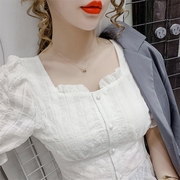 白色收腰泡泡袖雪纺法式短袖显瘦衬衫夏装方领女潮上衣设计感
