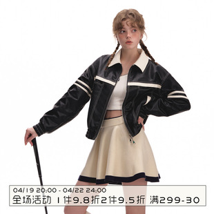 NS76 2023秋季拼接短款拉链夹克设计感皮衣外套女小个子女生