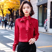 韩版立领商务女装修身雪纺衫，宫廷休闲荷叶，边打底衫纯色长袖衬衫女